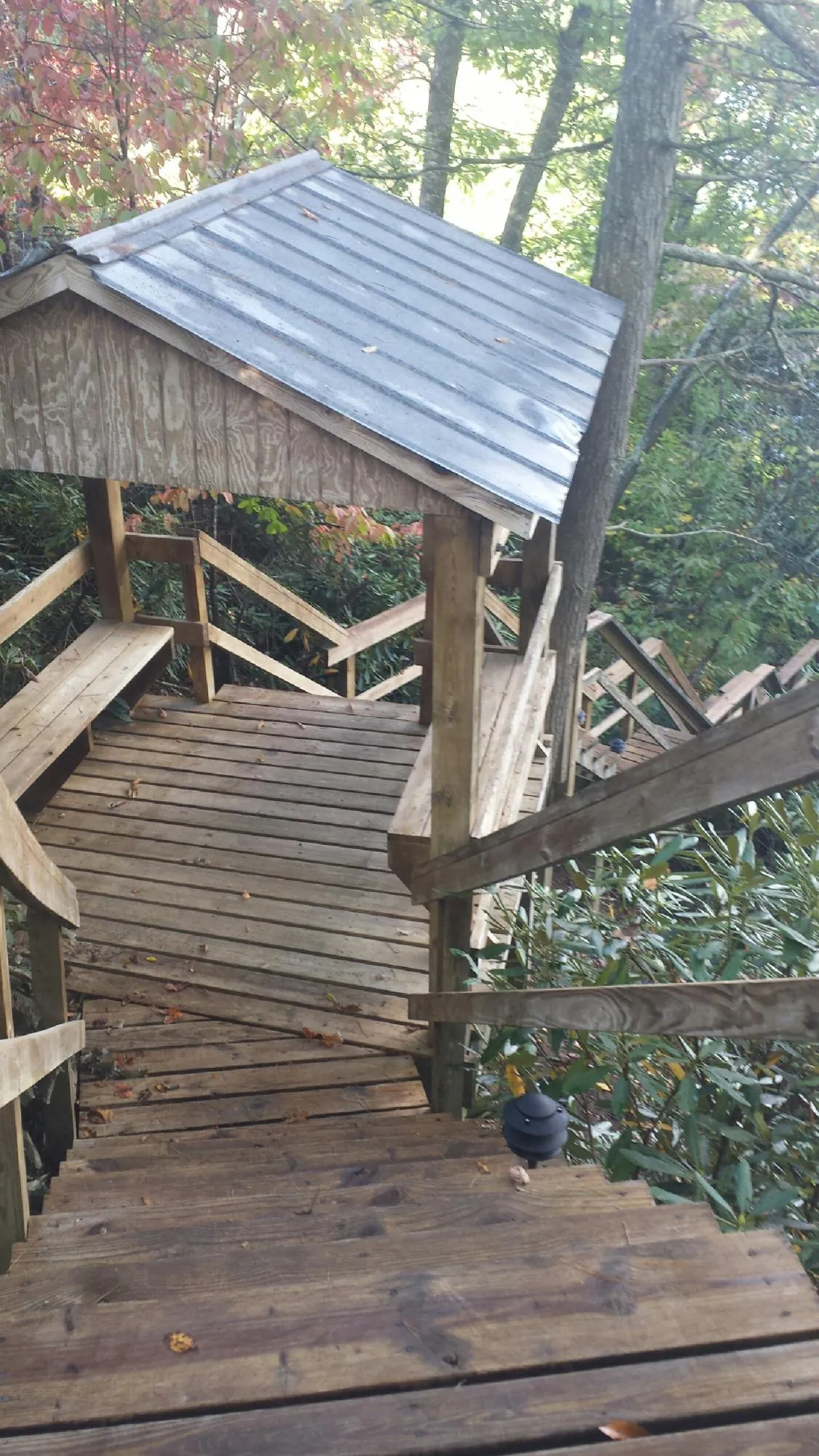 Metal roofed shelter over wooden steps on a wooded walkway — Skylight Repair & Installation work by our crew in Fountainville